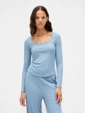 Mini-Ripp-Pyjama-Oberteil mit Spitzenbesatz