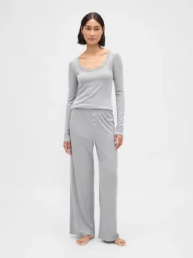 Mini-Ripp-Pyjama-Oberteil mit Spitzenbesatz