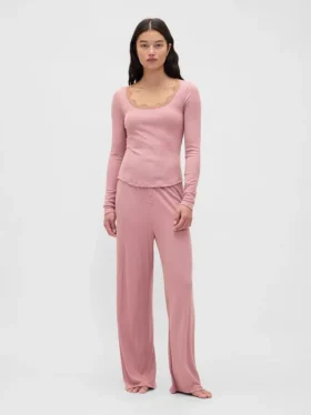 Mini-Ripp-Pyjama-Oberteil mit Spitzenbesatz