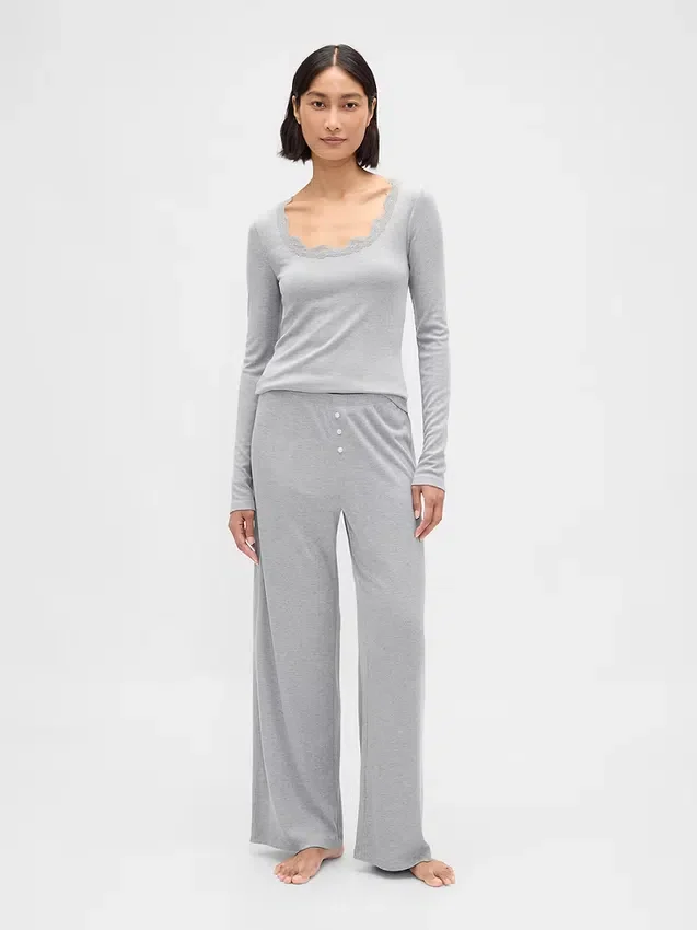 Mini-Ripp-Pyjama-Oberteil mit Spitzenbesatz