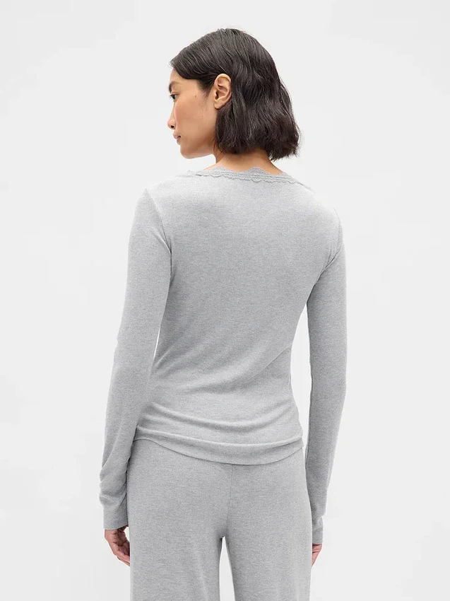 Mini-Ripp-Pyjama-Oberteil mit Spitzenbesatz