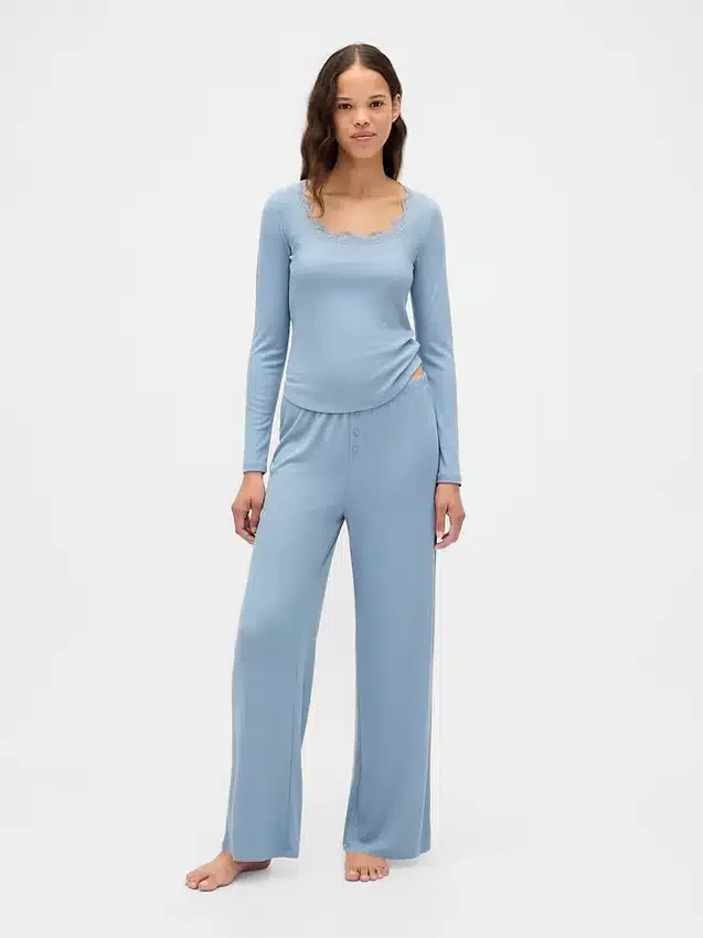 Mini-Ripp-Pyjama-Oberteil mit Spitzenbesatz
