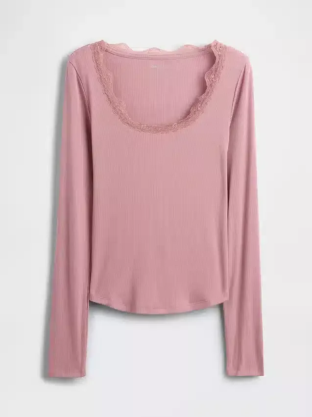 Mini-Ripp-Pyjama-Oberteil mit Spitzenbesatz