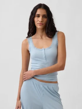 Mini-Ripp-Spitzen-Henley-Pyjama-Oberteil
