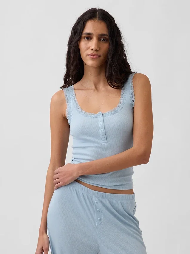 Mini-Ripp-Spitzen-Henley-Pyjama-Oberteil