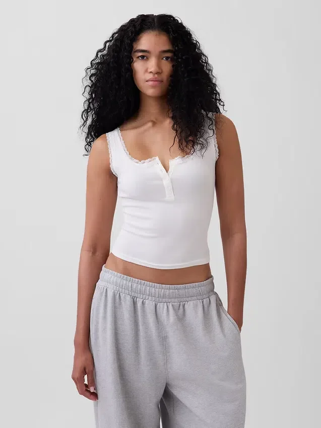 Mini-Ripp-Spitzen-Henley-Pyjama-Oberteil