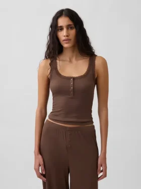 Mini-Ripp-Spitzen-Henley-Pyjama-Oberteil