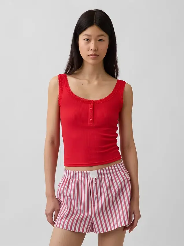 Mini-Ripp-Spitzen-Henley-Pyjama-Oberteil