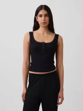 Mini-Ripp-Spitzen-Henley-Pyjama-Oberteil
