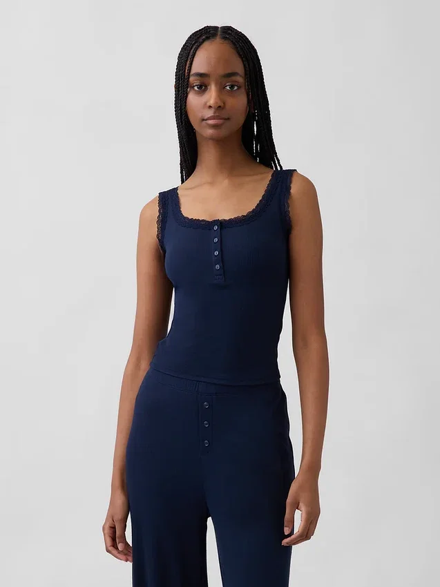 Mini-Ripp-Spitzen-Henley-Pyjama-Oberteil