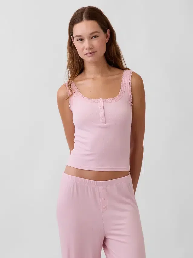Mini-Ripp-Spitzen-Henley-Pyjama-Oberteil