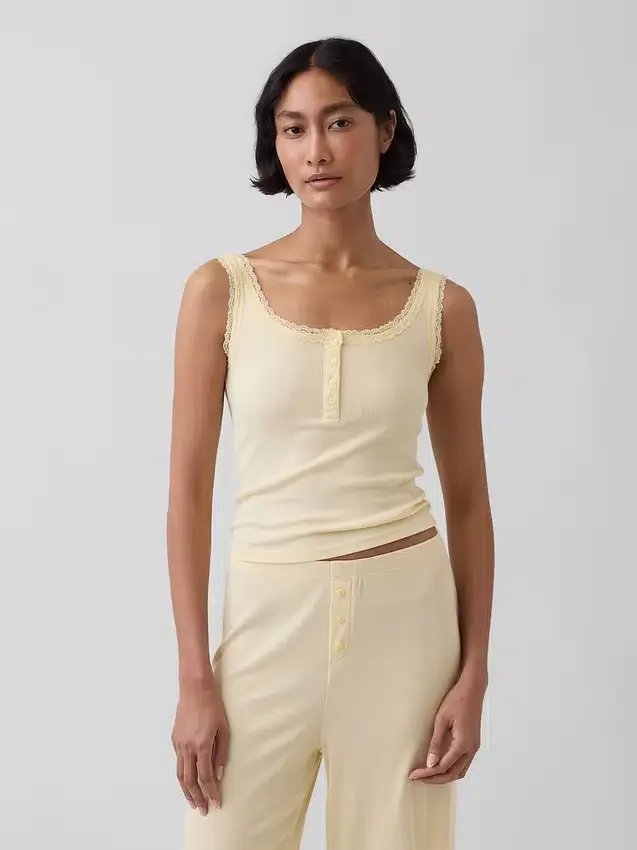 Mini-Ripp-Spitzen-Henley-Pyjama-Oberteil