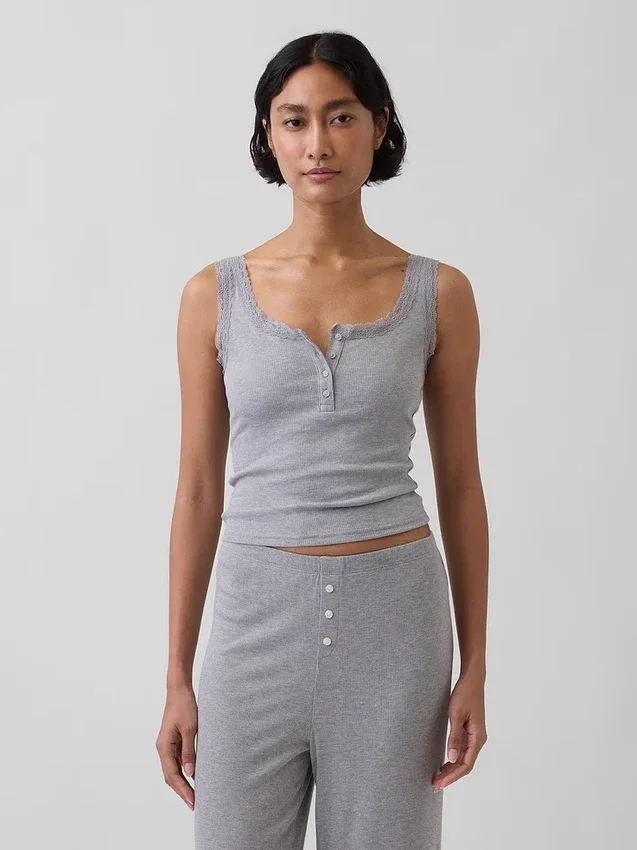 Mini-Ripp-Spitzen-Henley-Pyjama-Oberteil
