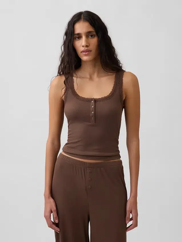 Mini-Ripp-Spitzen-Henley-Pyjama-Oberteil