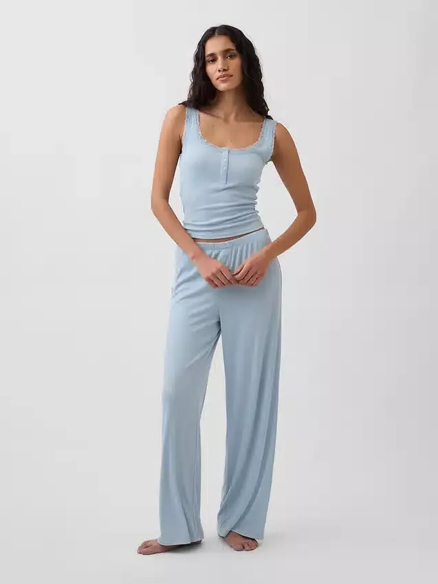 Mini-Ripp-Spitzen-Henley-Pyjama-Oberteil