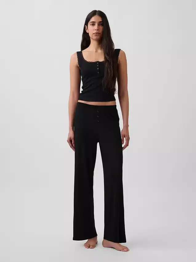 Mini-Ripp-Spitzen-Henley-Pyjama-Oberteil