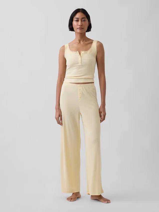 Mini-Ripp-Spitzen-Henley-Pyjama-Oberteil