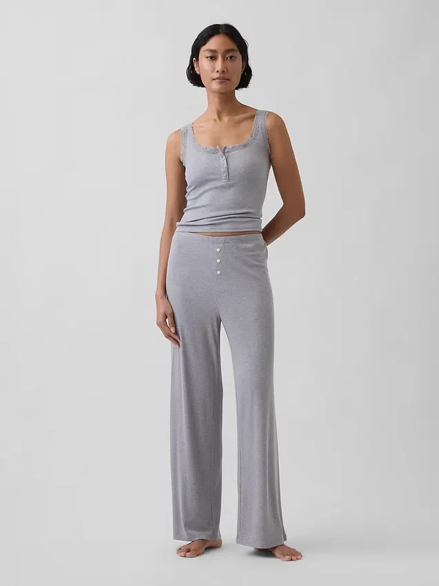 Mini-Ripp-Spitzen-Henley-Pyjama-Oberteil