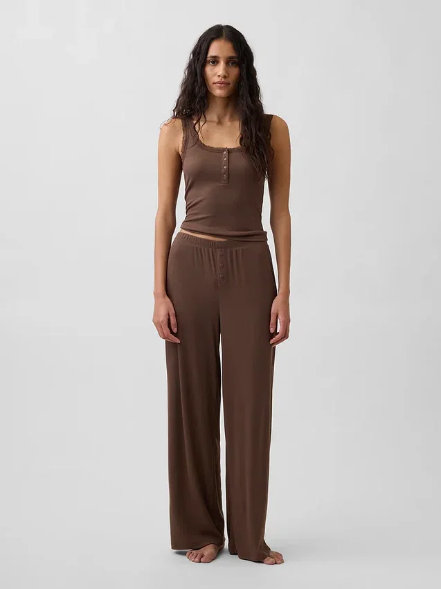 Mini-Ripp-Spitzen-Henley-Pyjama-Oberteil