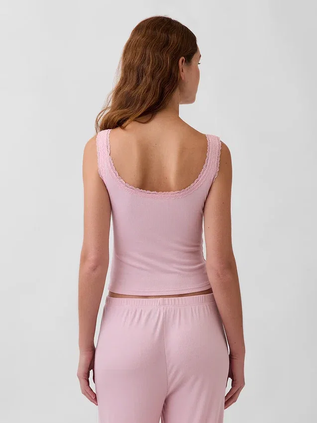 Mini-Ripp-Spitzen-Henley-Pyjama-Oberteil