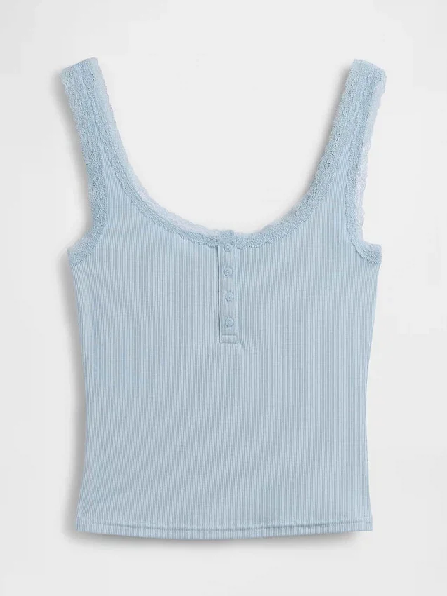 Mini-Ripp-Spitzen-Henley-Pyjama-Oberteil