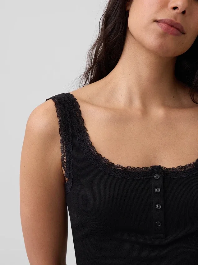 Mini-Ripp-Spitzen-Henley-Pyjama-Oberteil