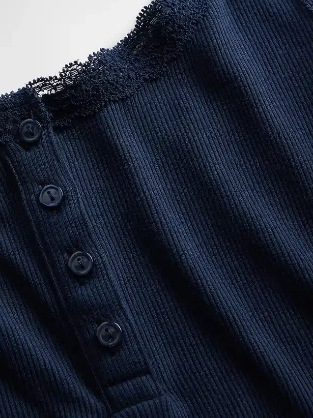 Mini-Ripp-Spitzen-Henley-Pyjama-Oberteil