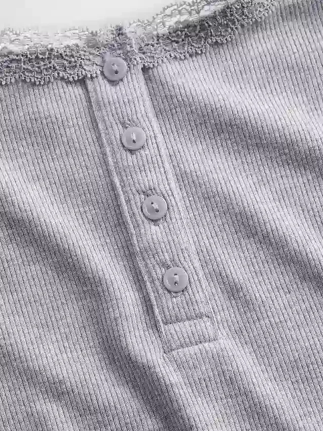 Mini-Ripp-Spitzen-Henley-Pyjama-Oberteil