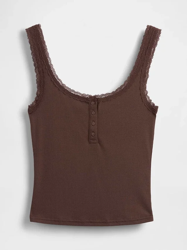 Mini-Ripp-Spitzen-Henley-Pyjama-Oberteil