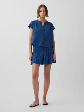 Mini-Skort aus Baumwollgaze-Denim mit gerafftem Bund