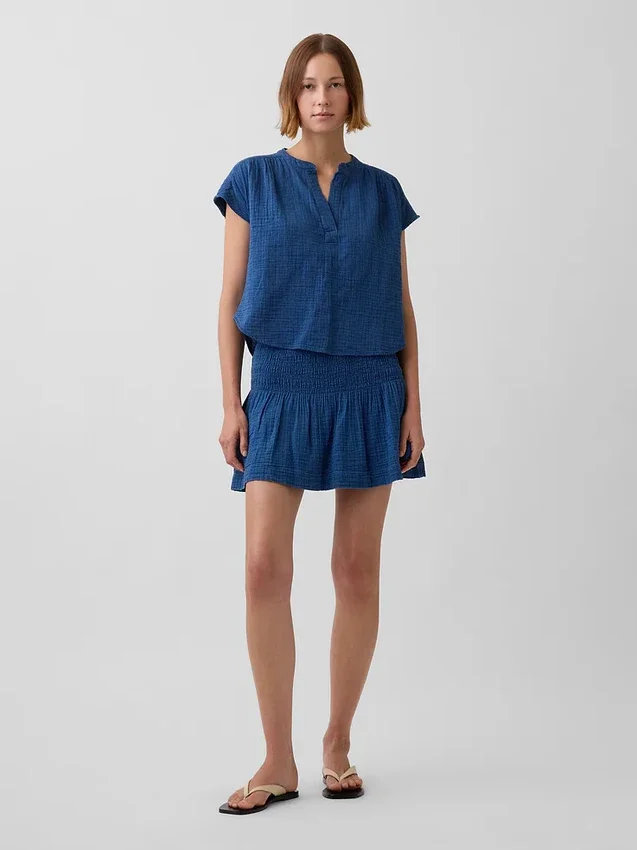 Mini-Skort aus Baumwollgaze-Denim mit gerafftem Bund