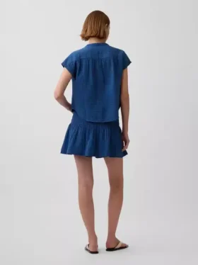 Mini-Skort aus Baumwollgaze-Denim mit gerafftem Bund