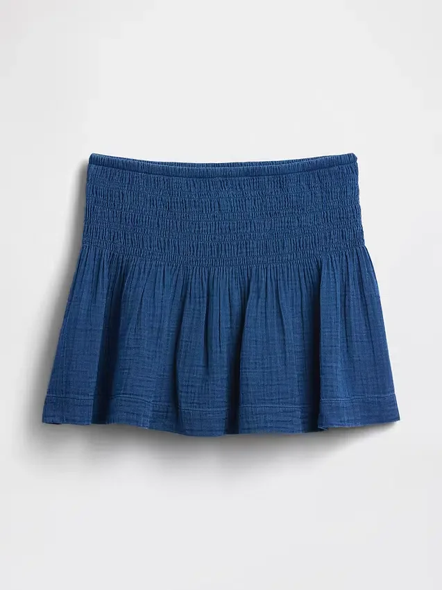 Mini-Skort aus Baumwollgaze-Denim mit gerafftem Bund