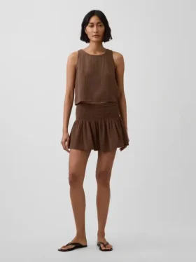 Mini-Skort aus Baumwollgaze mit gesmoktem Bund