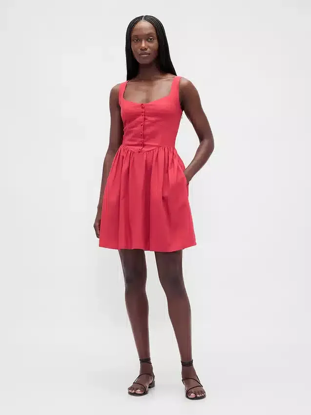 Minikleid aus Leinenmischung mit tief sitzender Taille