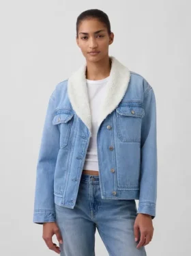 Mit Sherpa gefütterte Denim-Jacke mit Schalkragen