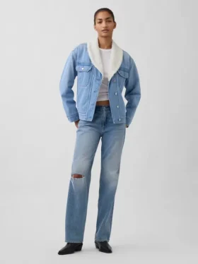 Mit Sherpa gefütterte Denim-Jacke mit Schalkragen