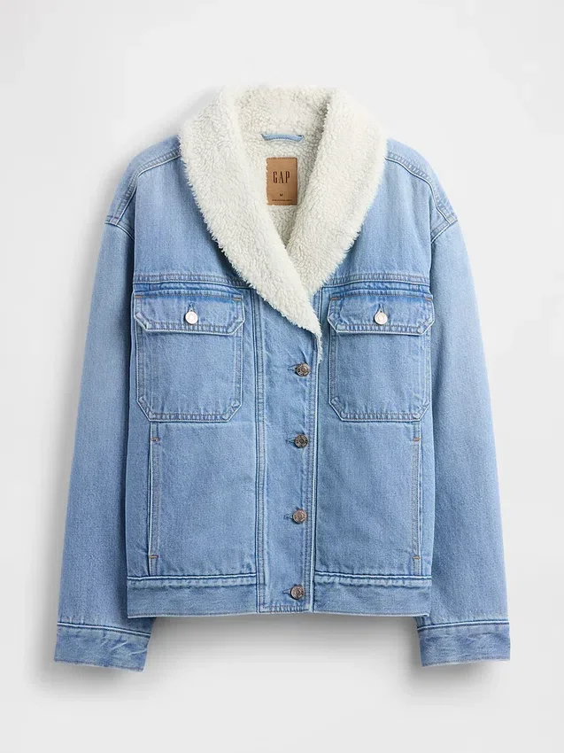 Mit Sherpa gefütterte Denim-Jacke mit Schalkragen