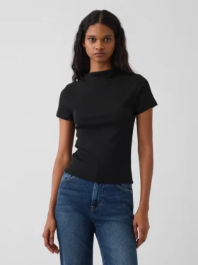 Modernes, geripptes Crop-T-Shirt mit Stehkragen