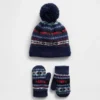 Mützen- und Fäustlingsset für Baby & Kleinkind im Fair-Isle-Stil mit Bommel