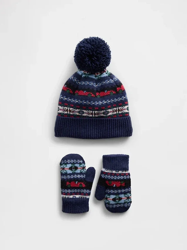 Mützen- und Fäustlingsset für Baby & Kleinkind im Fair-Isle-Stil mit Bommel