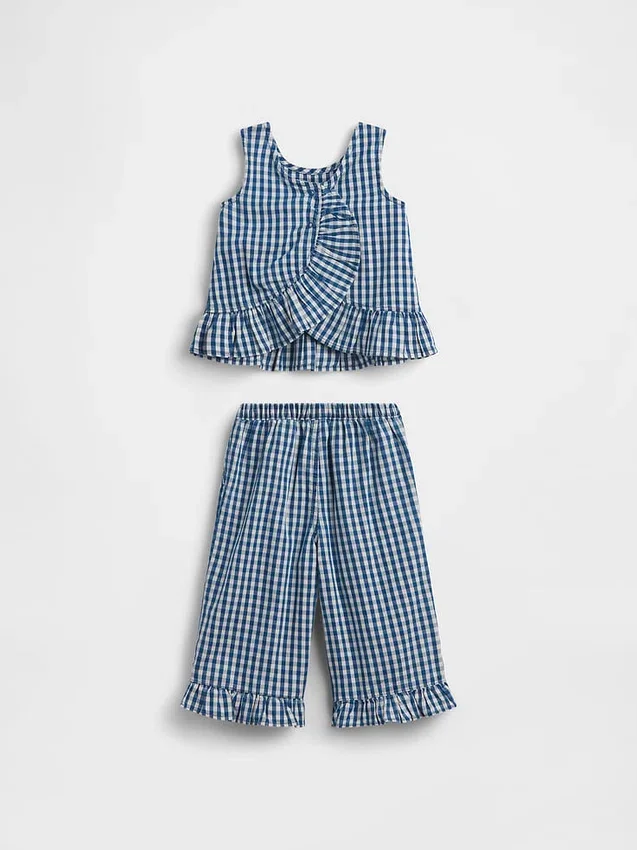 Outfit-Set für Baby & Kleinkind aus Gingham-Denim mit Rüschen am Saum