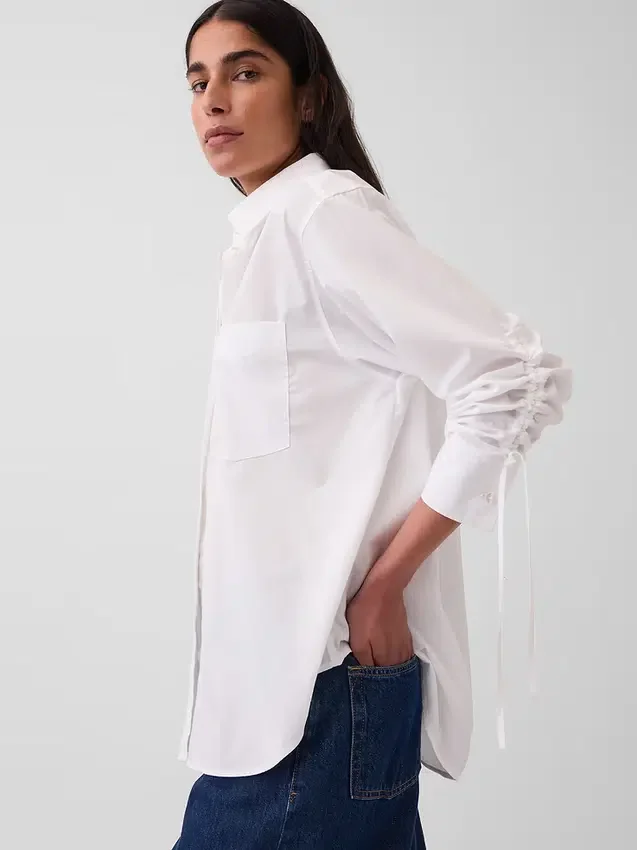Oversize-Bluse aus Bio-Baumwollpopeline mit gerafften Ärmeln