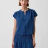 Oversize-Oberteil aus Baumwollgaze-Denim mit geschlitztem Ausschnitt