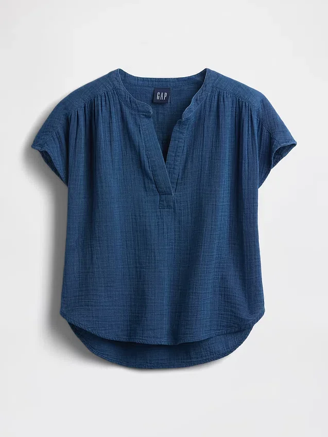 Oversize-Oberteil aus Baumwollgaze-Denim mit geschlitztem Ausschnitt