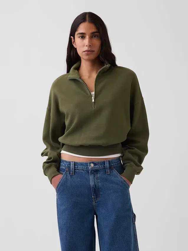 Oversize-Pullover aus strukturierter Baumwolle mit halbem Reißverschluss