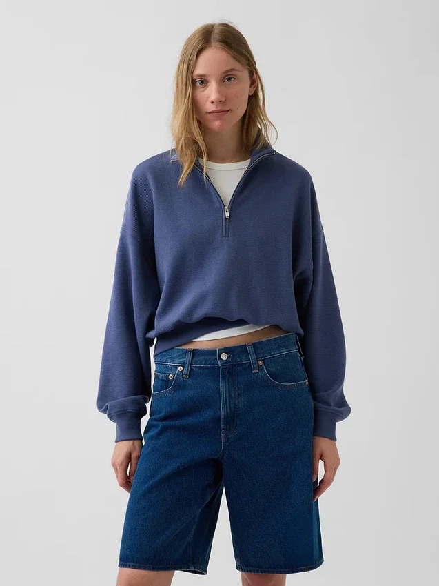 Oversize-Pullover aus strukturierter Baumwolle mit halbem Reißverschluss