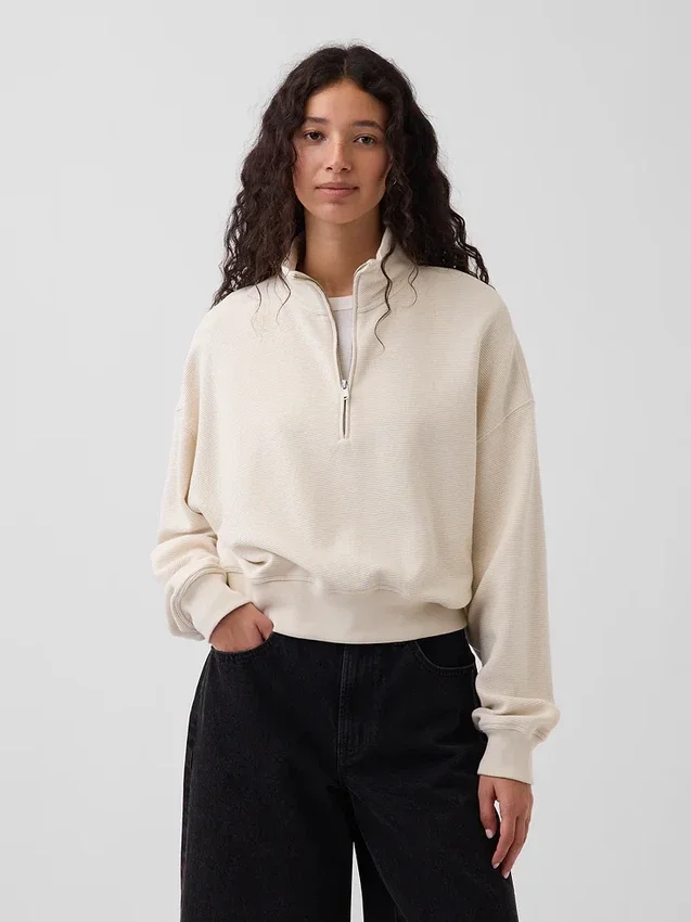 Oversize-Pullover aus strukturierter Baumwolle mit halbem Reißverschluss