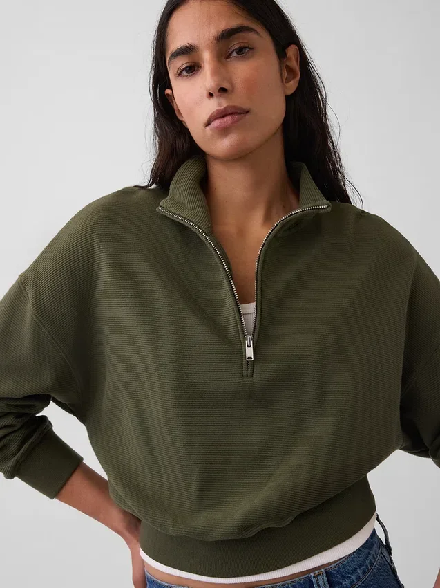 Oversize-Pullover aus strukturierter Baumwolle mit halbem Reißverschluss