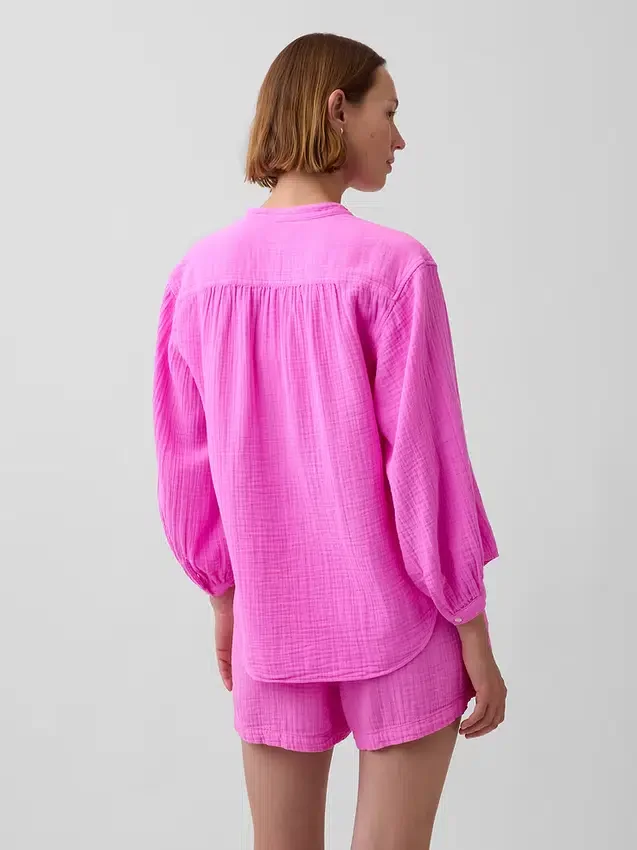 Oversized-Hemd aus Baumwollgaze ohne Kragen